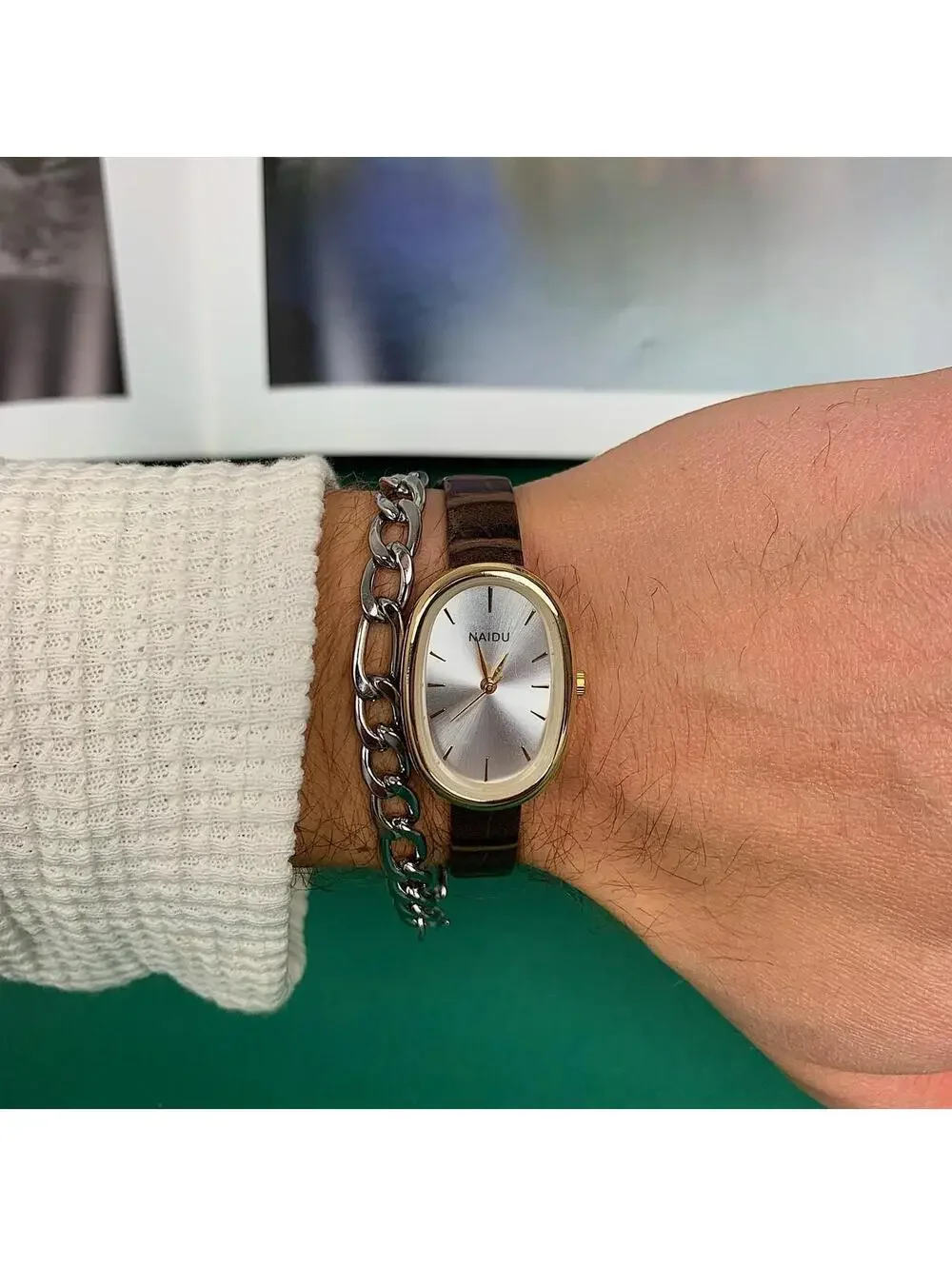Y2K Brown Silver Leather Watch 8 Inch